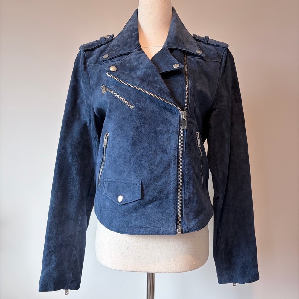 MNG Mango Navy Suede Moto Jacket - Picture 3 of 7